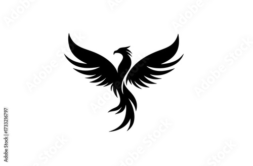 Majestic black phoenix bird silhouette with spread wings and flowing tail, a powerful mythical creature symbol or elegant logo design element.