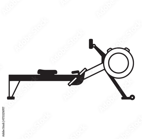 Simple black and white illustration of a rowing machine for exercise and fitness concepts