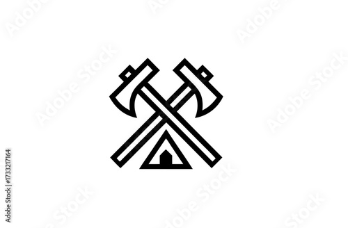Minimalist crossed axes and tent line art icon, symbolizing outdoor adventure, camping, wilderness, survival, and exploration.