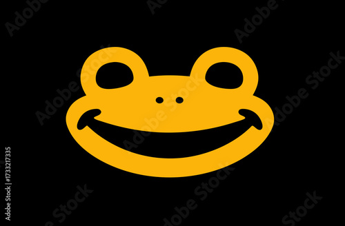Stylized yellow cartoon frog head with a joyful wide smile on a dark black background, simple cheerful amphibian icon illustration
