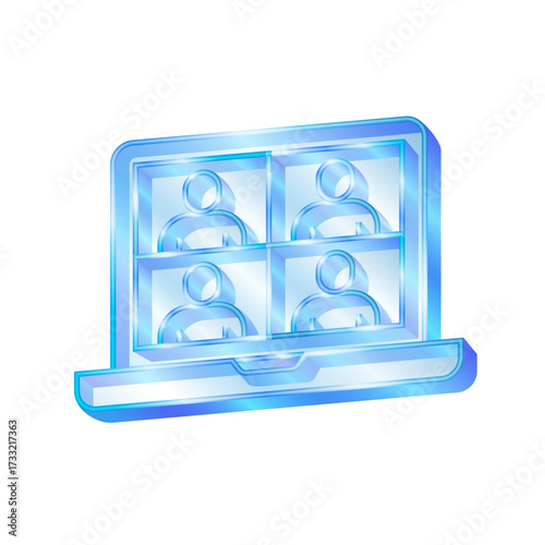 3d icon symbolizing Video Conference Online Meeting. Teleconference on Laptop stlye transparent glass or crystal icon vector.
