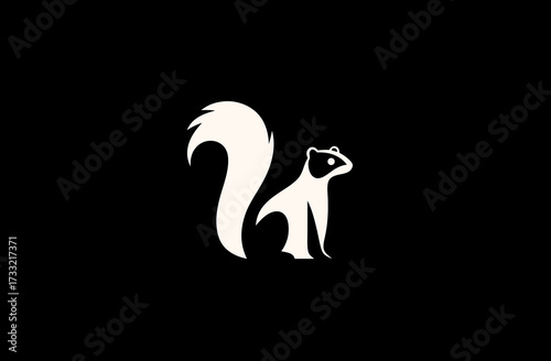 Minimalist black and white vector illustration of a cute stylized animal with a bushy tail, sitting isolated on a dark background.
