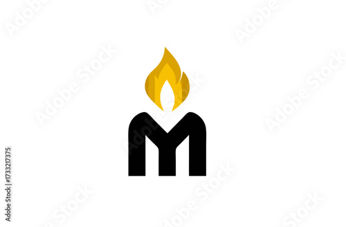 Modern minimal letter M logo with a golden flame design, abstract candle symbol. Clean graphic mark for energy, light, and warmth.