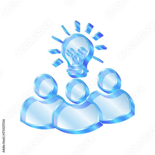 3d icon symbolizing Group idea or teamwork team brainstorm. Teamwork people lightbulb stlye transparent glass or crystal icon vector.