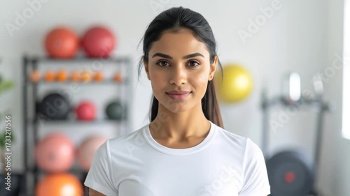 Wallpaper Mural Smiling woman holds broccoli with promoting healthy eating  fitness in gym background. Torontodigital.ca