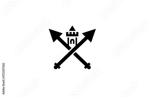 Medieval tower and crossed arrows crest icon on white background. Historic castle turret with archery weapons symbol, ancient heraldry emblem.