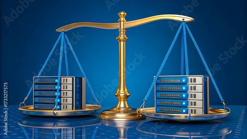 Balanced server stacks on golden scale symbolizing data equality
