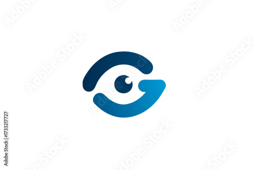 Gradient blue abstract eye logo with integrated arrow, symbolizing digital vision, future, progress, security, and insight for technology or business
