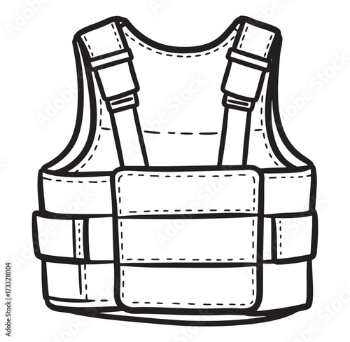 Simple hand drawn vector illustration of a ballistic bulletproof vest in black and white