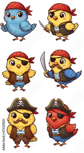 Adorable pirate birds cartoon illustrations collection with playful characters and sea adventurers