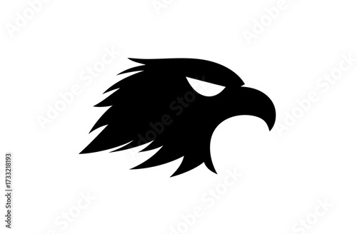 Majestic black eagle head silhouette, powerful predatory bird profile, graphic vector illustration symbolizing strength and freedom