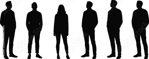 Silhouette of diverse group of six standing people, casual young men and woman, teamwork, community, society, business, lifestyle, urban concept