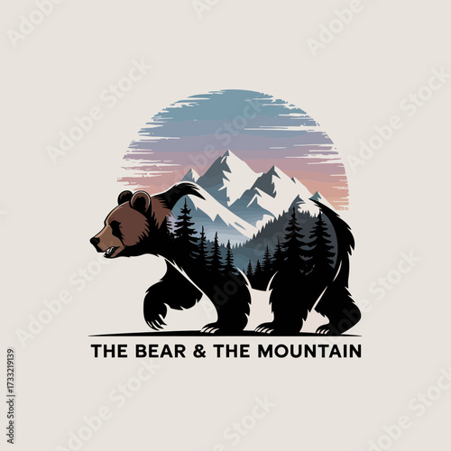 grizzly bear with mountain backdrop, sunrise circle frame, camping adventure aesthetic, rustic wilderness emblem, retro nature vector design