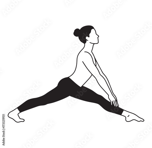 Simple line drawing of a woman performing wide angle yoga pose and stretching