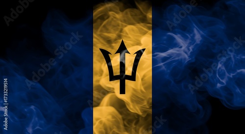 Barbados flag design rendered with smoke effect against a dark and ominous background
