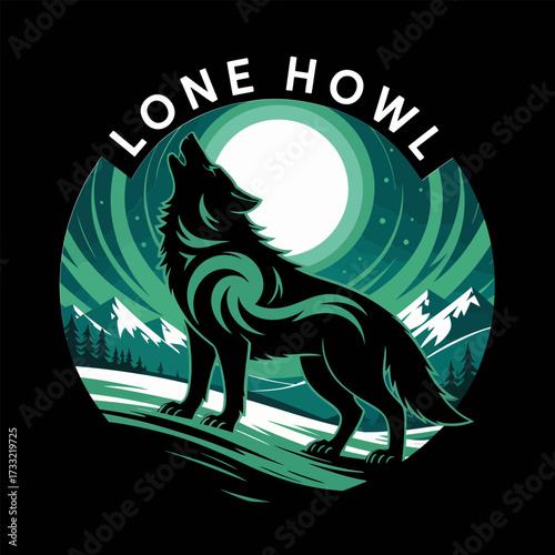 lone howl wolf emblem, crescent moon behind, swirling forest backdrop, powerful wildlife mark, adventurous spirit design, clean vector