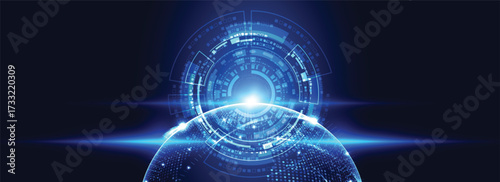 Futuristic digital globe with glowing blue technology interface, innovation data network, and abstract cyber design, symbolizing global communication, AI, and future connectivity.