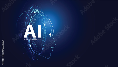 Futuristic AI technology background with digital human head silhouette, glowing circuits, artificial intelligence, machine learning, and innovation for smart future technology.