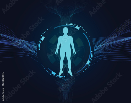 Futuristic health tech background with glowing human body hologram, digital medical interface, AI innovation, and smart healthcare technology for science, diagnostics, and virtual medicine.
