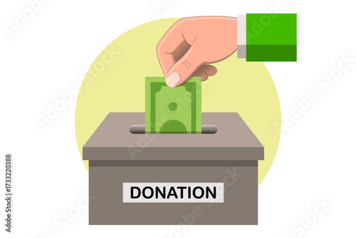 Donation box with human hand inserting green banknote. Money donation vector illustration. Represent concept of zakat, charity, fundraising, giving, and generosity.
