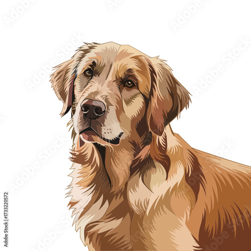 Golden retriever dog portrait realistic painting style, soft fur highlights, loyal pet artwork, warm domestic animal illustration