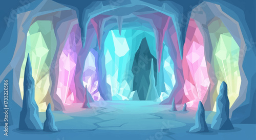 Vibrant Crystal Cave Interior with Glowing Formations.