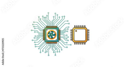 Two computer chips are depicted, one with a cooling fan, connected by circuit lines, next to a smaller chip.