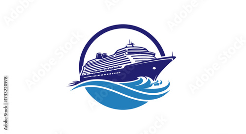 A stylized illustration depicting a cruise ship sailing on ocean waves, within a circular frame.