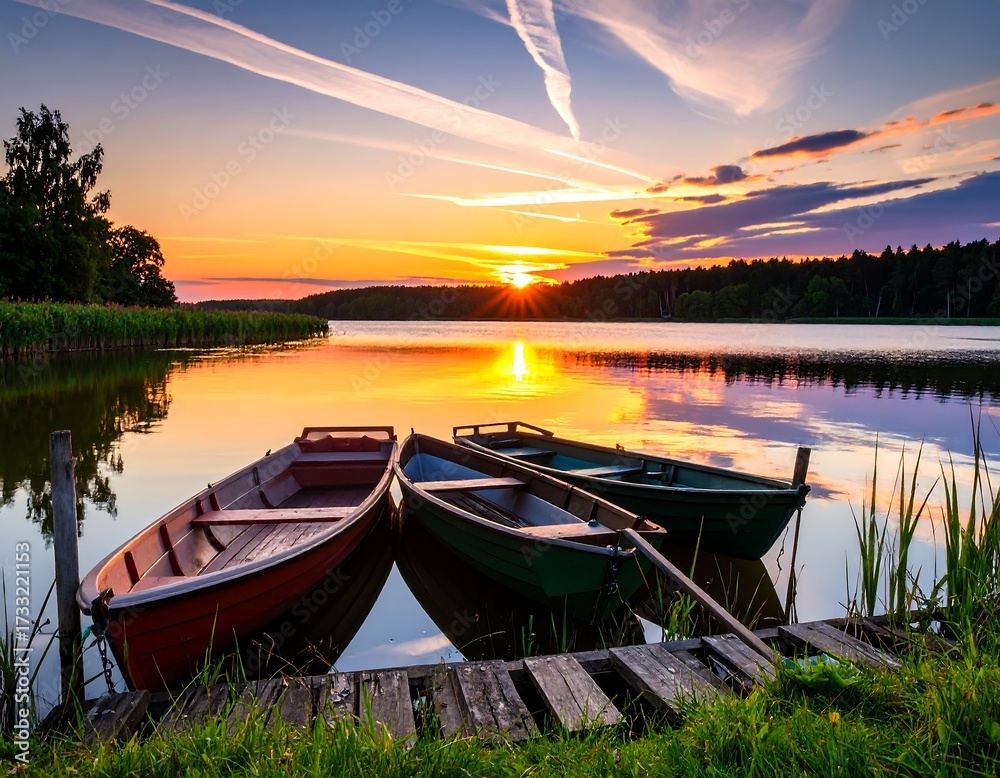 Obraz premium Sunrise over a lake with boats