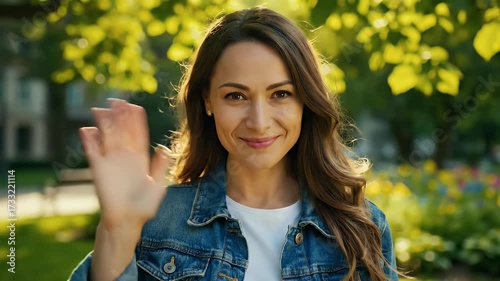 Cheerful young woman waving hello outdoors, smiling warmly in a sunlit park