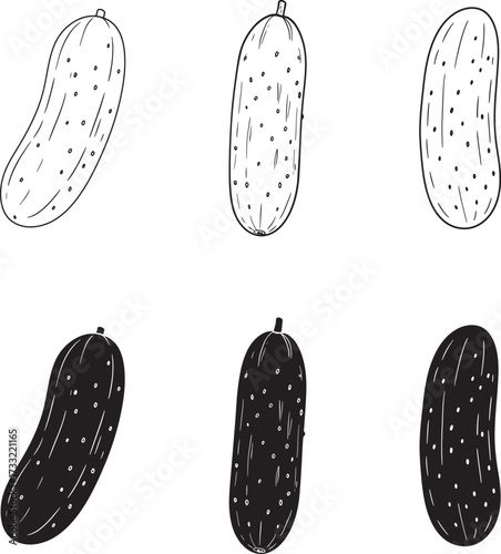 Hand Drawn Pickles in Outline and Silhouette Style for Food Illustration