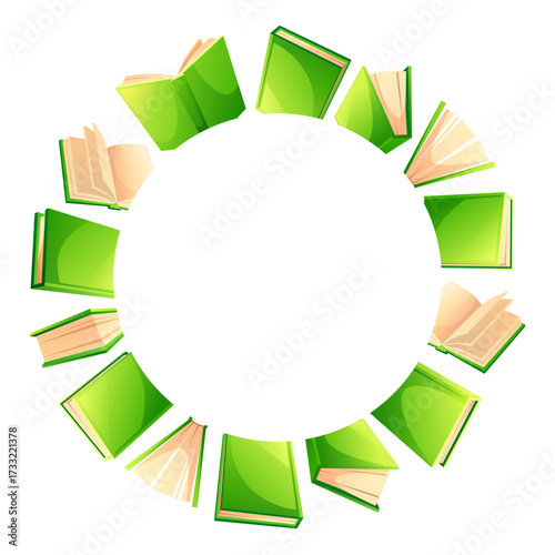 A template featuring a round frame of green books with empty space for text. Colorful textbooks in various positions. Concept for book sales, book forums, libraries, bookstores, back to school.