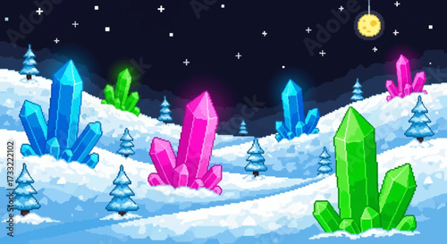 Vibrant glowing crystals in a snowy winter landscape.
