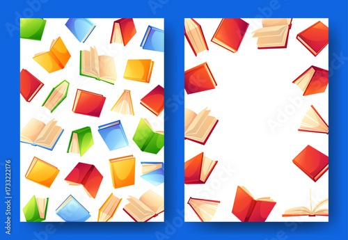 Two poster templates featuring colorful books in different positions. An advertising template for a bookstore, book stand, or library. A vibrant design suitable for literary events, forums, book clubs