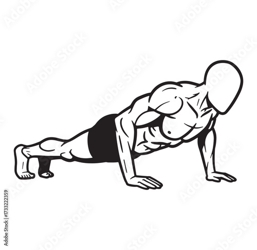Vector illustration of a muscular man performing a push up exercise on white background