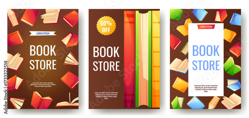 A poster with colorful books in various positions on a dark brown background with the text bookstore. Template for a book market. Book lover, library, reading concept, book festival. World Book Day.