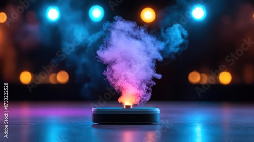 Colorful smoke plume rising from a device in an atmospheric and vibrant scene