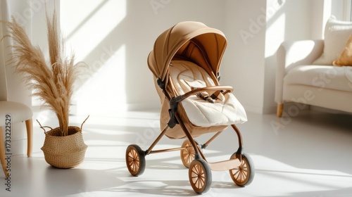 Elegant baby stroller in neutral tones with pampas grass for minimalist nursery aesthetic