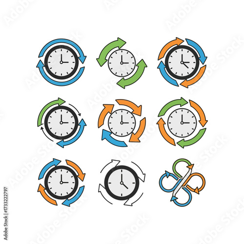 Four stylized clock icons showing reload, reset, and circular time flow, with different symbols.