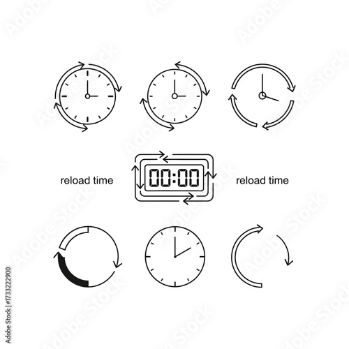 Four stylized clock icons showing reload, reset, and circular time flow, with different symbols.