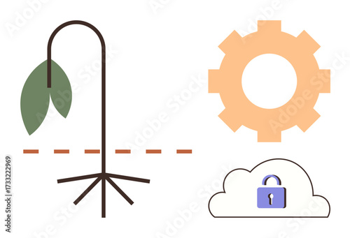 Wilted plant and cut roots symbolizing struggle, gear representing solutions, cloud with lock suggesting data security. Ideal for environmental challenge, technology, sustainability, innovation