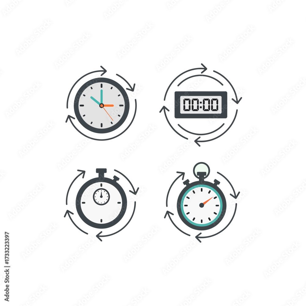 Fototapeta premium Four stylized clock icons showing reload, reset, and circular time flow, with different symbols.
