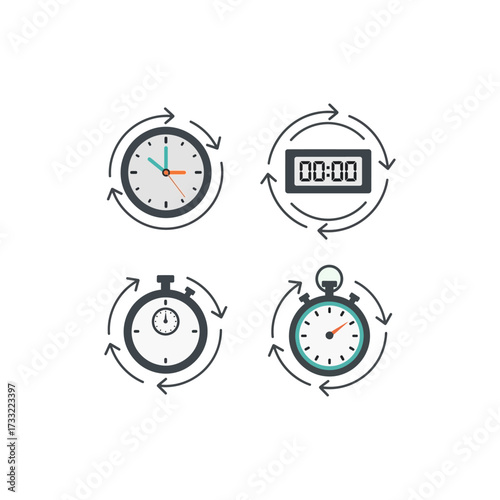 Four stylized clock icons showing reload, reset, and circular time flow, with different symbols.