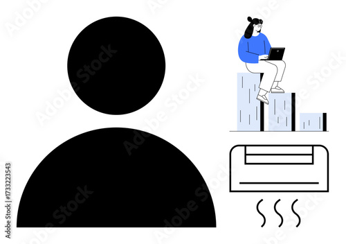 Black person icon, woman sitting on chart steps with laptop, air conditioner emitting warm air. Ideal for technology, work, climate control, analytics, productivity minimalism comfort. Simple flat