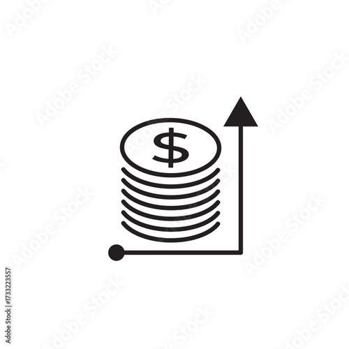 Stacked coins with upward arrow icon—symbolizing profit growth, revenue increase, investment success, and financial prosperity. Clean outline vector for business and finance visuals.