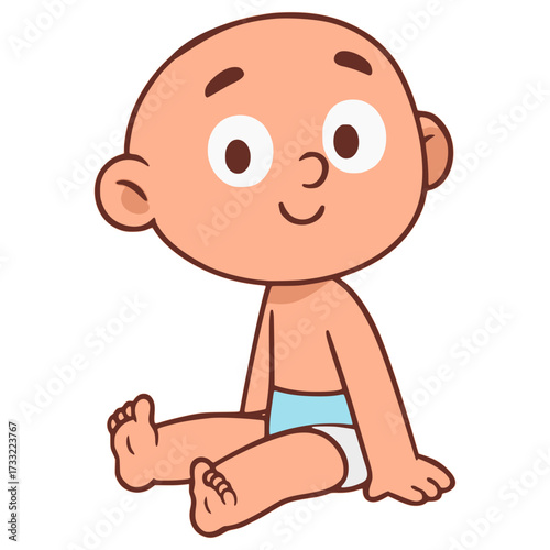 baby wearing diaper sit happy flat color vector illustration template design