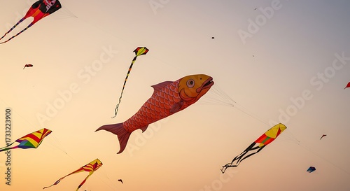 Colorful kites soaring in the sky during a kite festival creating a vibrant atmosphere