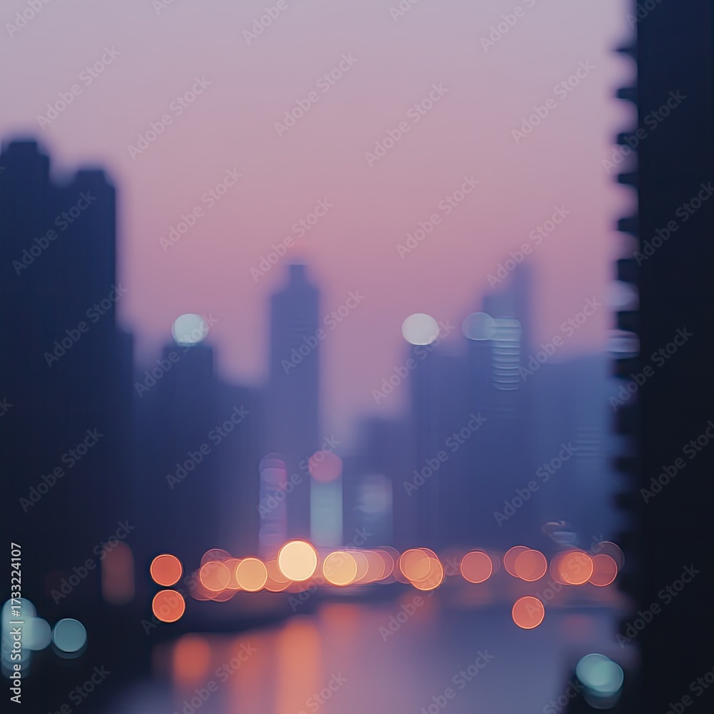 Obraz premium Blurry city skyline at dawn, bokeh lights on water