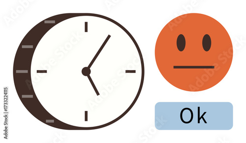 Analog clock beside neutral face emotion and Ok label, symbolizing time evaluation and balanced satisfaction. Ideal for productivity, scheduling, moderation, feedback, punctuality, analysis, simple