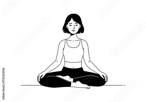 Calm woman sitting in a lotus pose, practicing yoga and meditation for inner peace and mindfulness, depicted in a simple black and white vector illustration for wellness